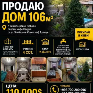 Срочно! Продаю дом, 106м² в г. Бишкек в районе Турбазы